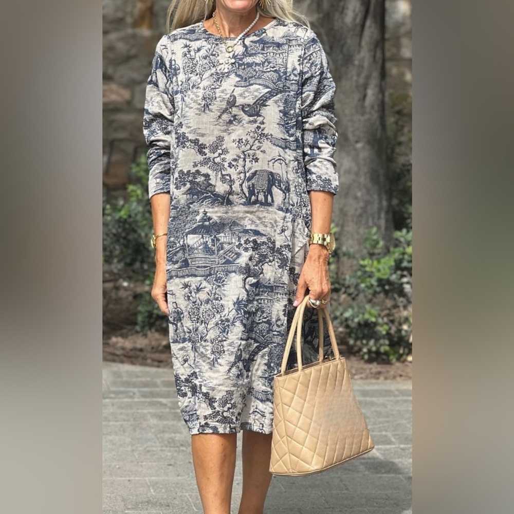 BUYKUD Vintage Asian Floral Cotton Midi Dress